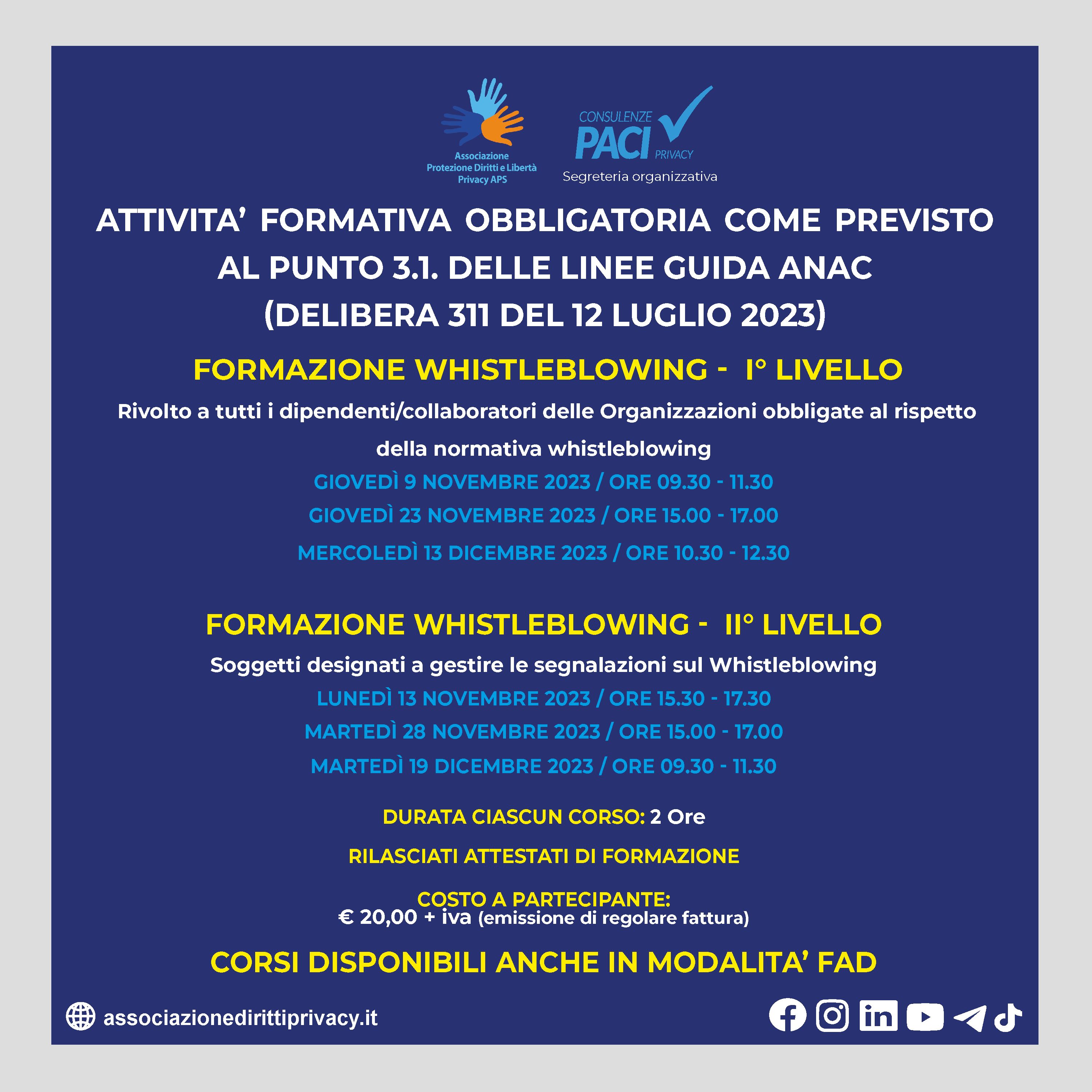 Corsi di formazione - Normativa Whistleblowing - NUOVE DATE DISPONIBILI