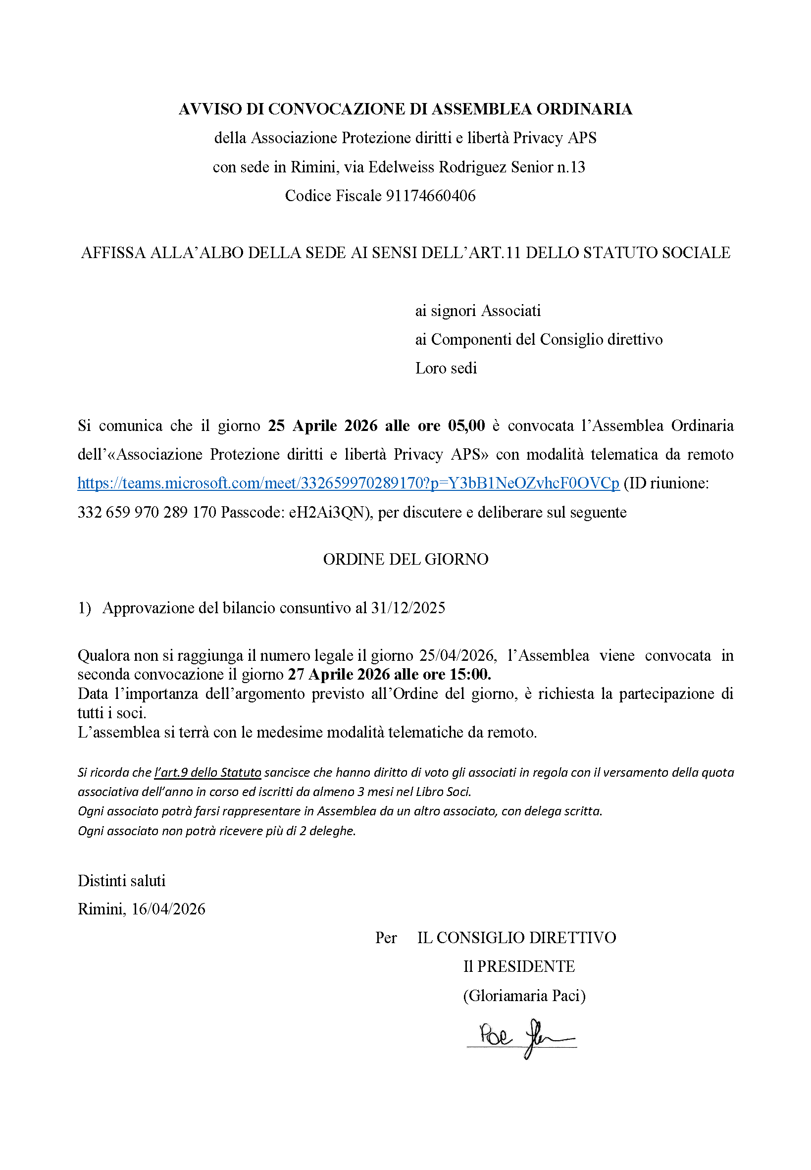 Convocazione Assemblea Ordinaria 27 Aprile 2026 ore 15:00
